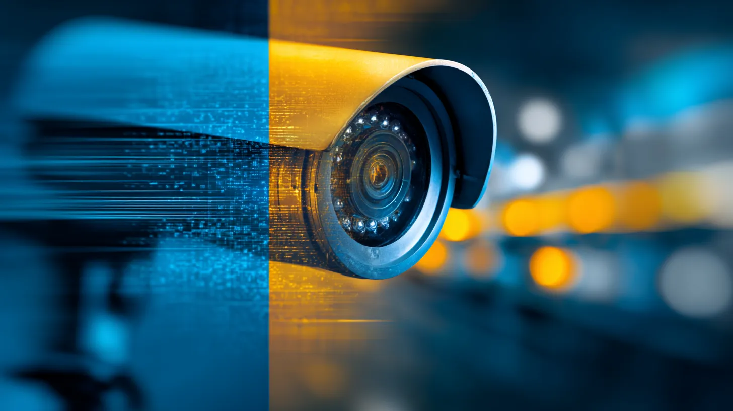 Cámara de videovigilancia con overlay digital de datos, representando videoanalítica inteligente