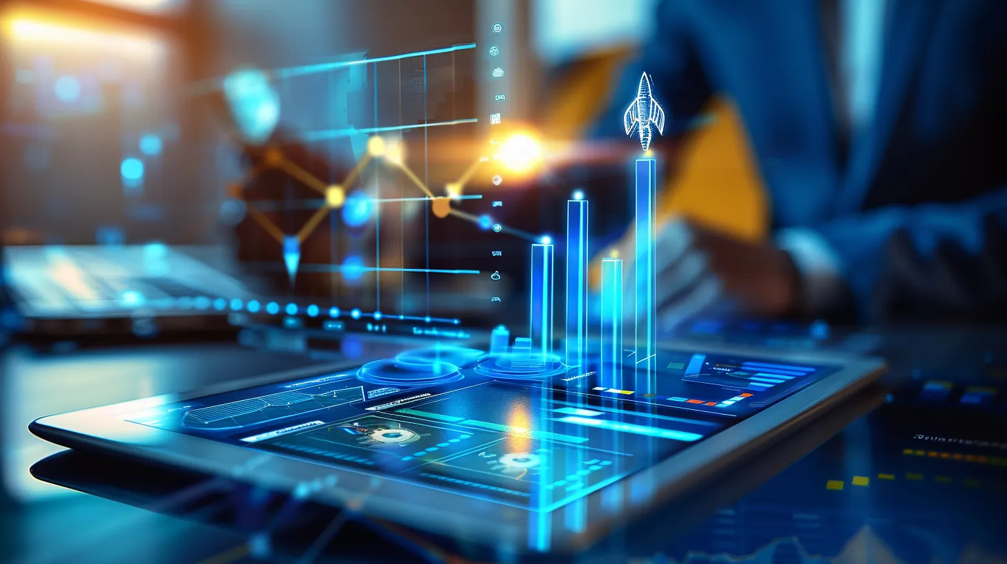A tablet displays a data analytics dashboard with rising bar charts and a rocket icon, symbolizing how data analysis drives business growth
