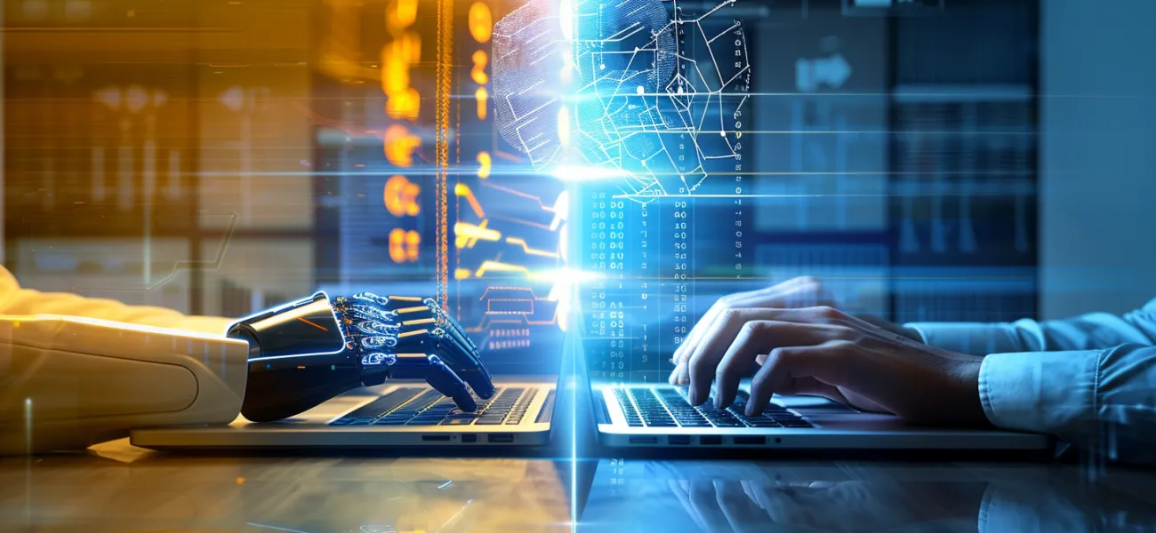 A robotic hand and a human hand type on facing laptops, with a digital data network shaped like a human face between them, symbolizing collaboration between artificial intelligence and human talent