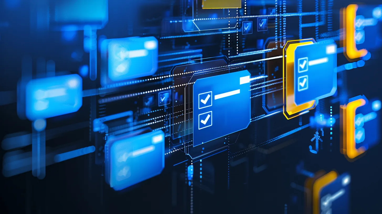 Digital icons of checklists and documents connected by flow lines, representing the digitization and automation of workflows