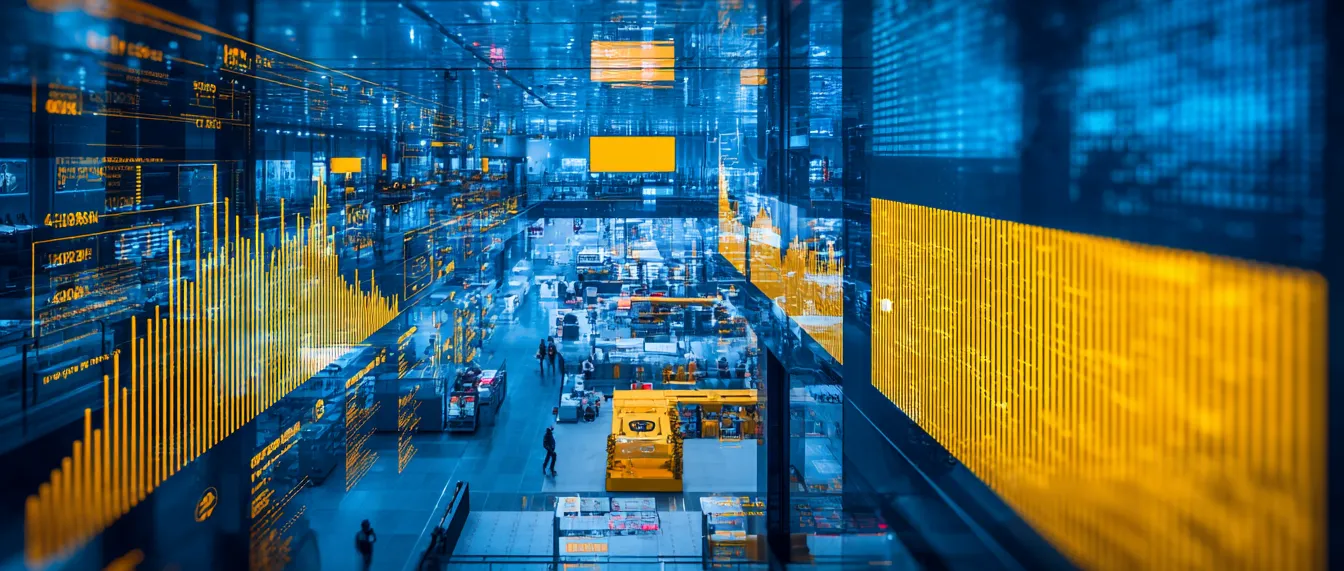 Interior of a retail logistics center with overlaid data visualization