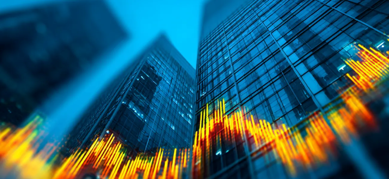 Financial skyscrapers viewed from below with stock market data charts overlaid in orange tones