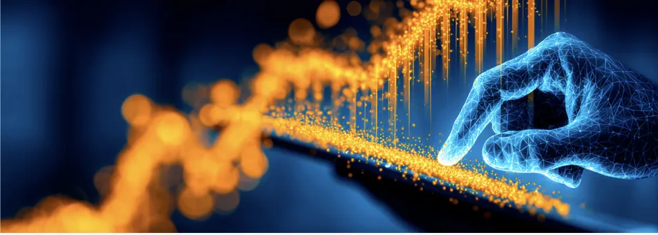Digital hand interacting with a rising financial data graph