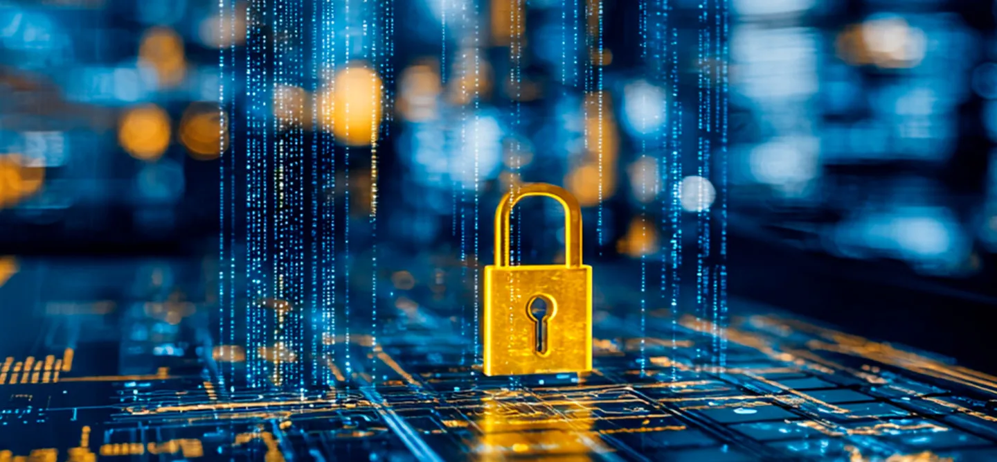 Golden digital padlock over an electronic circuit, representing security and fraud prevention