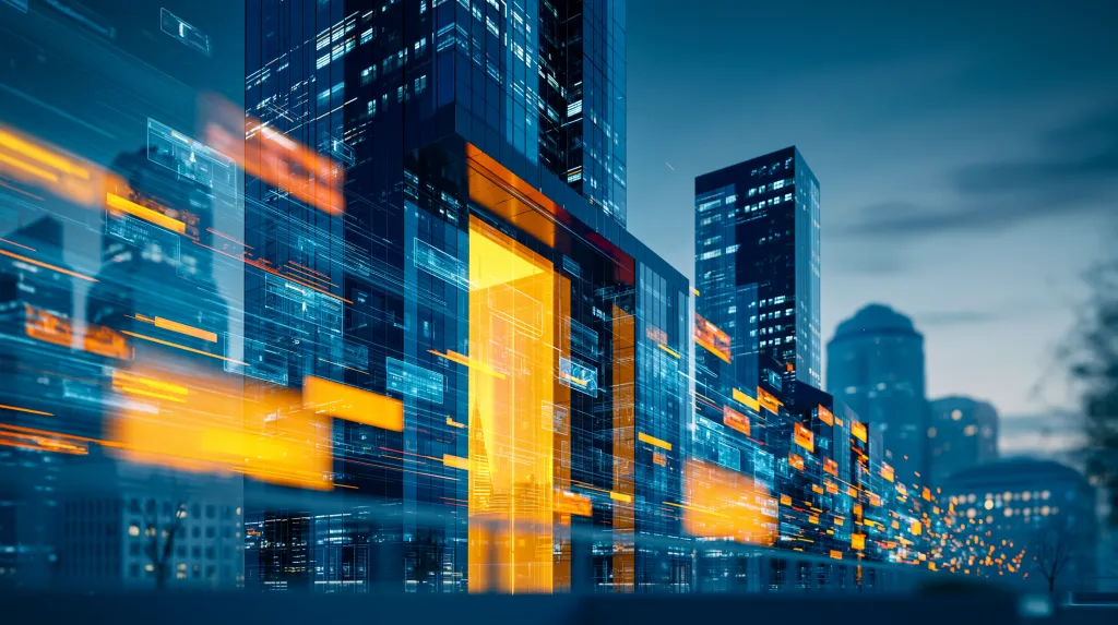 Person facing data screens representing an organization as a digital corporate core