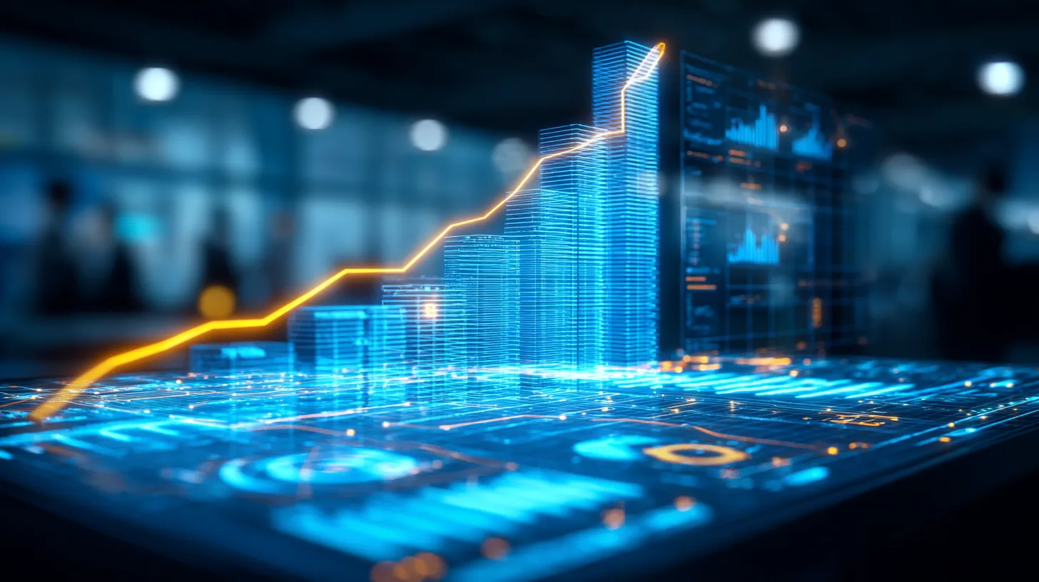 3D digital bar chart with an upward trend line and data panels
