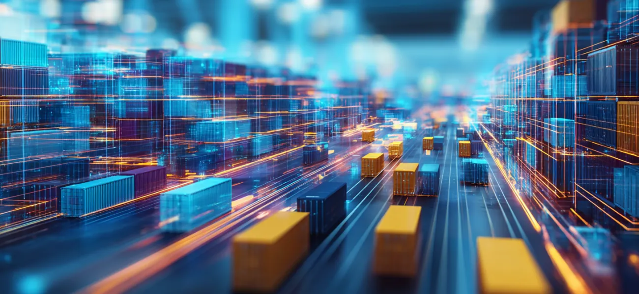 Futuristic illustration of a logistics warehouse with illuminated shipping containers
