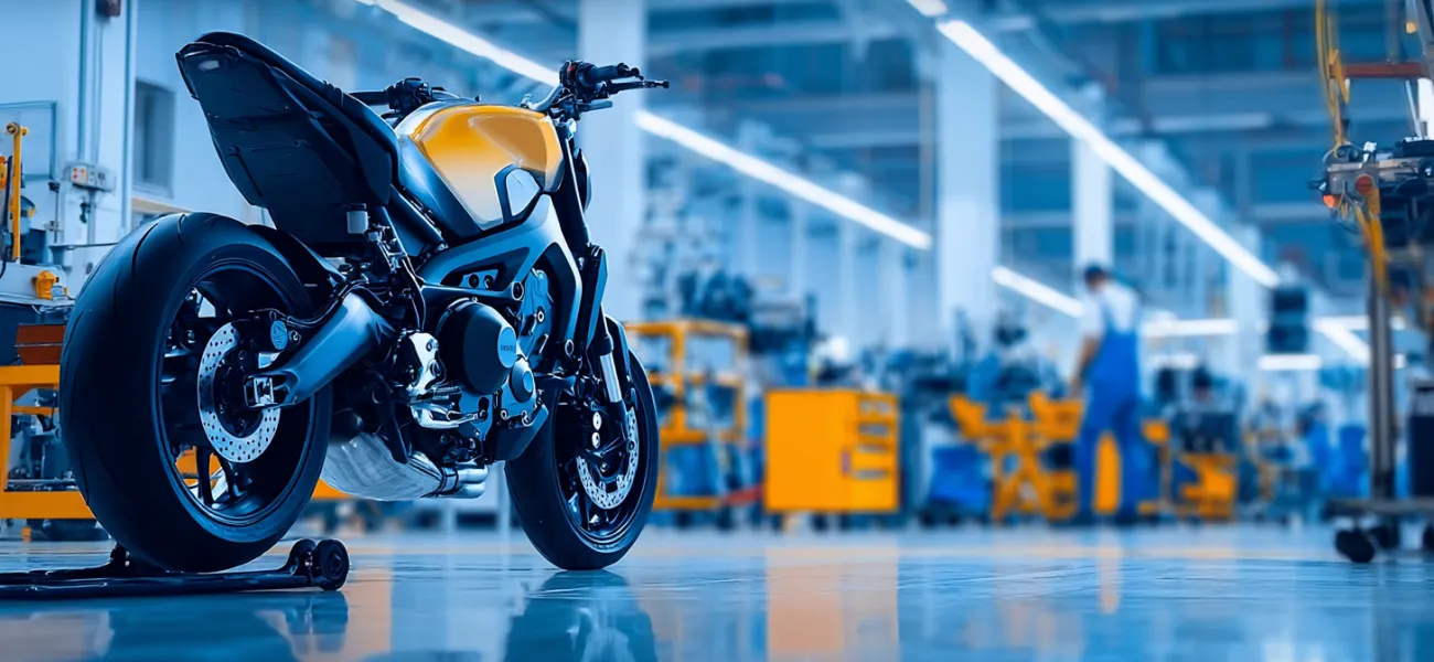 Motocicleta en línea de ensamble dentro de una planta automotriz, con personal trabajando de fondo