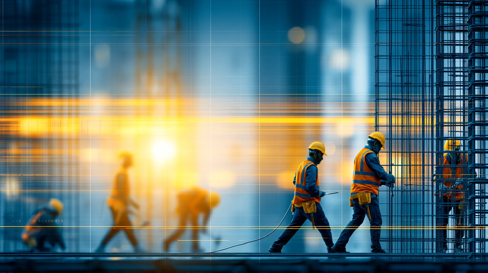 Construction workers wearing hardhats and reflective vests installing steel rebar structure at sunset on a construction site
