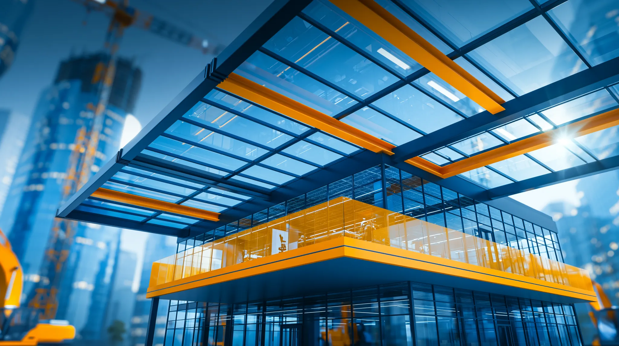 3D rendering of a modern corporate building with a glass facade and steel structure, with construction cranes in the background