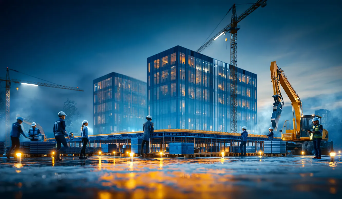 Nighttime construction site with workers, a crane, and a building under construction