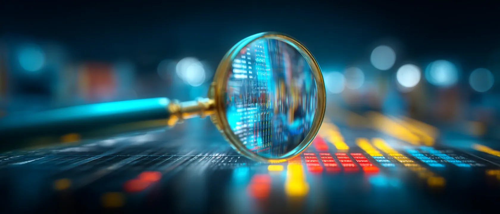 Lupa sobre gráficas financieras y datos, representando análisis de riesgos