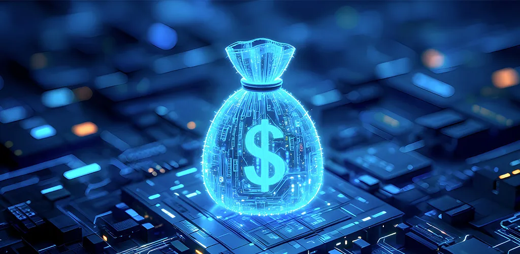 Illustration of a digital money bag with a dollar sign over an electronic circuit, representing digital money backed by blockchain technology.