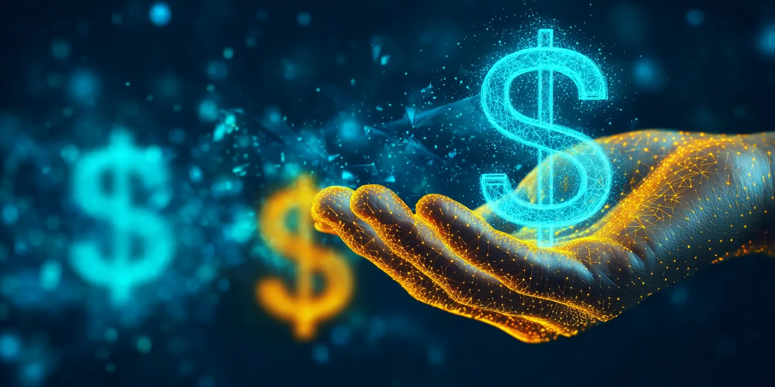 Digital hand made of data and particles holding a glowing dollar sign, symbolizing instant payments and remittances through stablecoins.