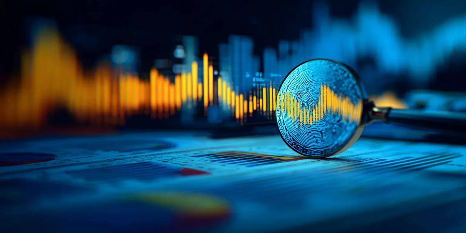 Magnifying glass over a digital coin and financial charts, representing the comprehensive audits that verify the reliability and stability of stablecoins.