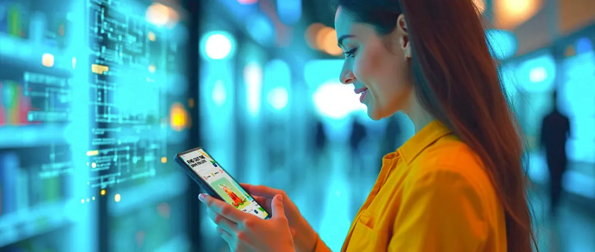 Mujer usando su teléfono móvil en una tienda retail con pantallas de datos digitales de fondo