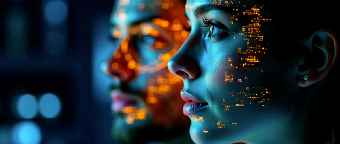 Rostros de dos personas con un overlay digital de reconocimiento facial biométrico